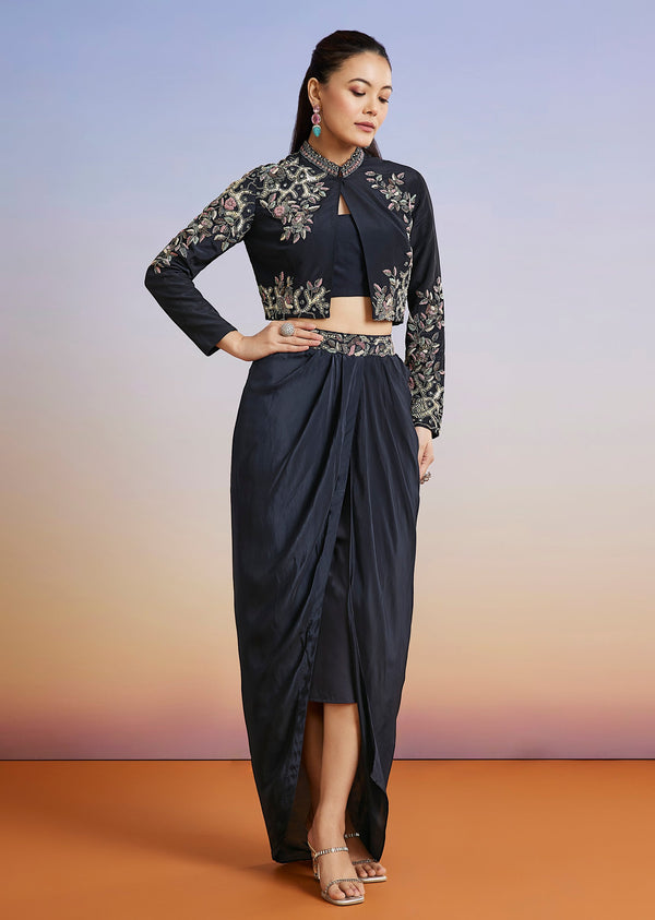 Navy Blue Embellished Jacket Style Crop Top Skirt Set
