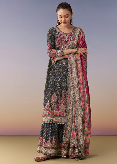 Navy Blue Floral Sharara Suit Set With Dupatta