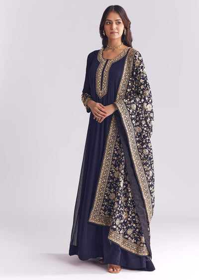 navy blue long anarkali dress Navy Blue Zardosi Anarkali Suit: Hand Embroidered Raw Silk Indian Dress