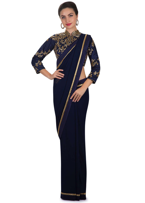 Navy blue georgette saree embellished with cut dana embroidery only on Kalki