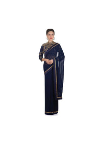 Navy blue georgette saree embellished with cut dana embroidery only on Kalki