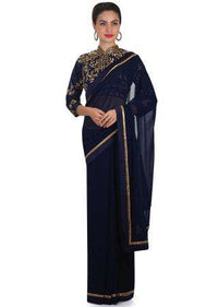 Navy blue georgette saree embellished with cut dana embroidery only on Kalki