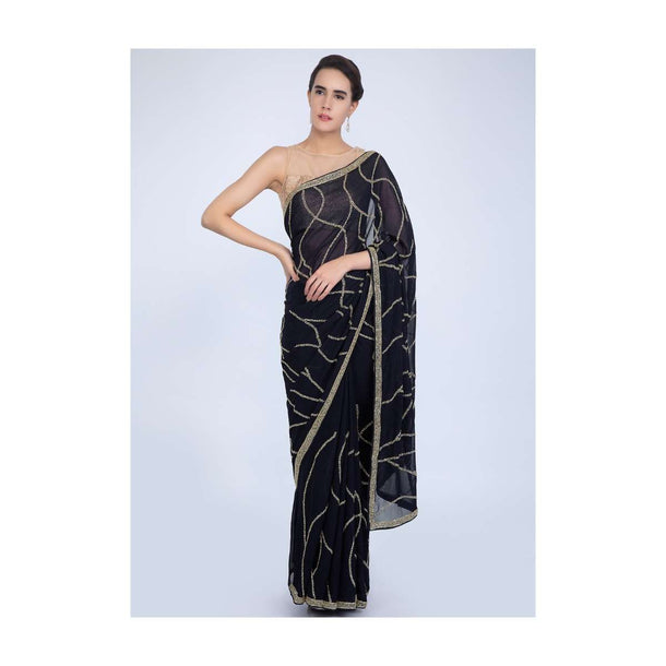 Navy blue georgette saree with heavy cut dana jaal embroidery only on Kalki