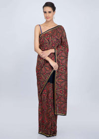 Navy blue georgette saree with multi color floral and paisley jaal embroidery all over only on Kalki
