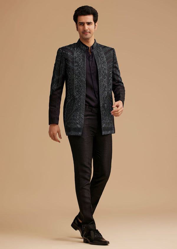 Navy Blue Hand Embroidered Jodhpuri Suit With Cut Dana Work