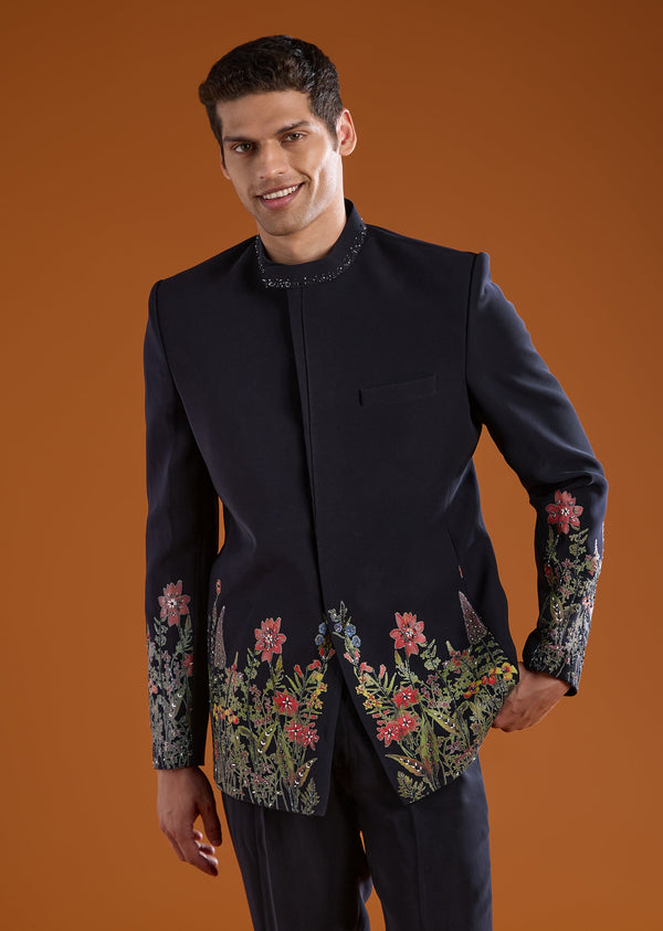 Navy Blue Jodhpuri Kurta Set with Bead Work