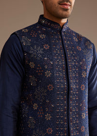 Navy Blue Kurta Jacket Set With Resham And Mirror Work