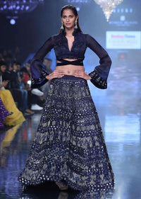 Organic Blue Lehenga In Hand Embellished Milano Satin With Bell Sleeves Blouse