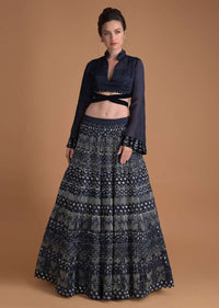 Organic Blue Lehenga In Hand Embellished Milano Satin With Bell Sleeves Blouse