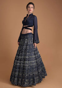 Organic Blue Lehenga In Hand Embellished Milano Satin With Bell Sleeves Blouse