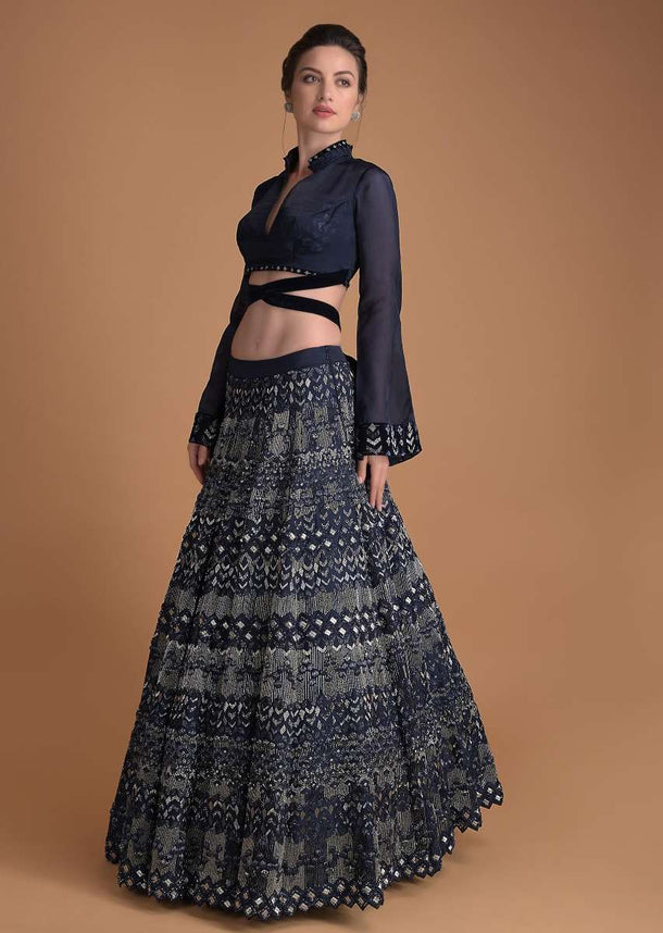 Organic Blue Lehenga In Hand Embellished Milano Satin With Bell Sleeves Blouse