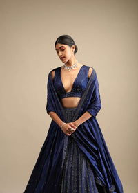 Navy Blue Lehenga In Satin Blend Embellished With Kundan Work In Striped Design