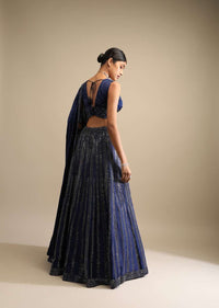 Navy Blue Lehenga In Satin Blend Embellished With Kundan Work In Striped Design