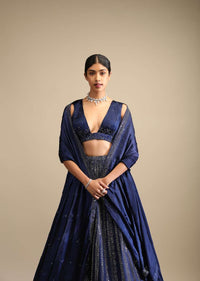 Navy Blue Lehenga In Satin Blend Embellished With Kundan Work In Striped Design