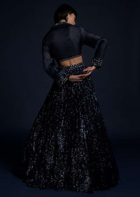 Navy Blue Lehenga Embellished In Sequins With A Matching Organza Crop Top Adorned With Cut Dana On The Underlayer