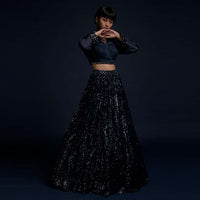 Navy Blue Lehenga Embellished In Sequins With A Matching Organza Crop Top Adorned With Cut Dana On The Underlayer