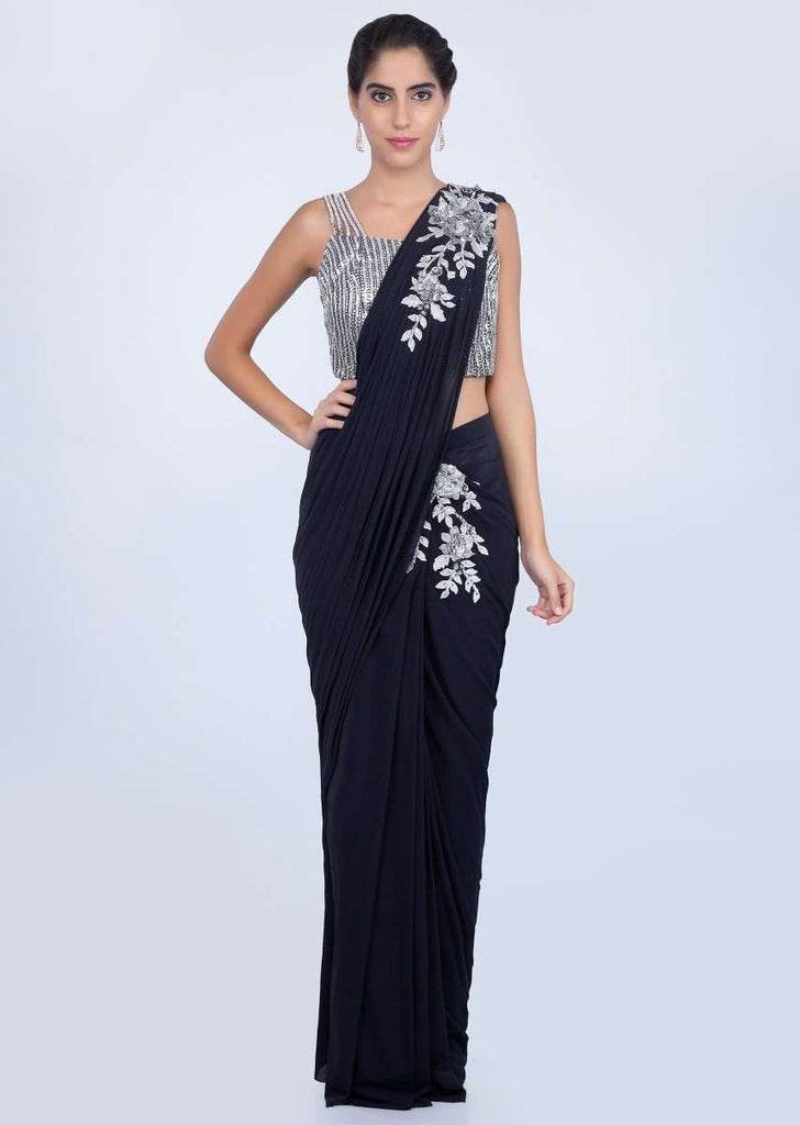 Navy blue lycra net ready pleated saree with applique waist and pallo only on kalki