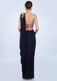 Navy blue lycra net ready pleated saree with applique waist and pallo only on kalki