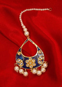 Navy blue maang tikka with meenakari work and pearl beads only on Kalki