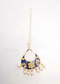 Navy blue maang tikka with meenakari work and pearl beads only on Kalki