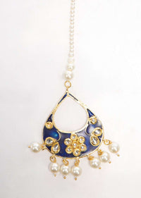 Navy blue maang tikka with meenakari work and pearl beads only on Kalki