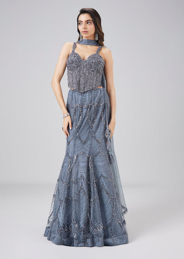 Dusty Blue Mermaid Cut Embroidered Lehenga Set
