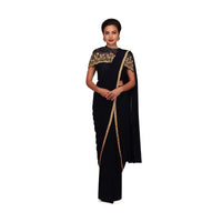 Navy Blue Pre Stitched Saree With Fancy Cape Online - Kalki Fashion