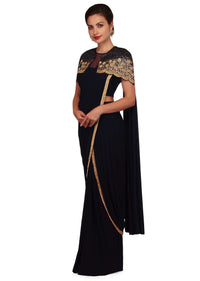 Navy Blue Pre Stitched Saree With Fancy Cape Online - Kalki Fashion