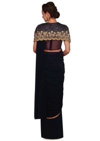 Navy Blue Pre Stitched Saree With Fancy Cape Online - Kalki Fashion