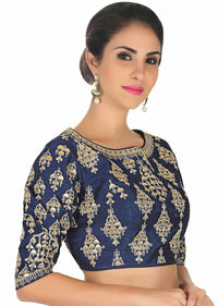 Navy blue raw silk blouse in gotta patch and zari butti only on Kalki