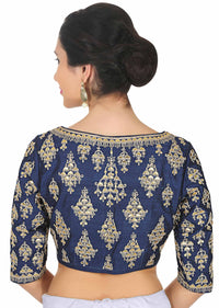 Navy blue raw silk blouse in gotta patch and zari butti only on Kalki