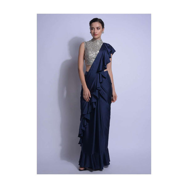 Navy Blue Ready Pleated Ruffle Saree In Satin With Sequins Embellished Blouse Online - Kalki Fashion