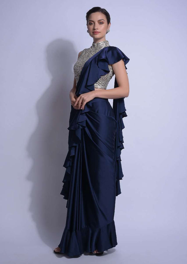 Navy Blue Ready Pleated Ruffle Saree In Satin With Sequins Embellished Blouse Online - Kalki Fashion