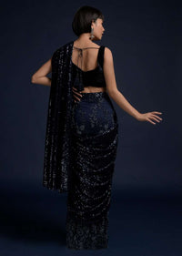 Navy Blue Ready Pleated Saree In Beads Embellished Net With A Sequins Pallu And Velvet Pleated Crop Top Online - Kalki Fashion