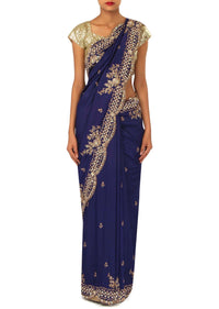 Navy blue saree adorn in sequin and kundan border only on Kalki