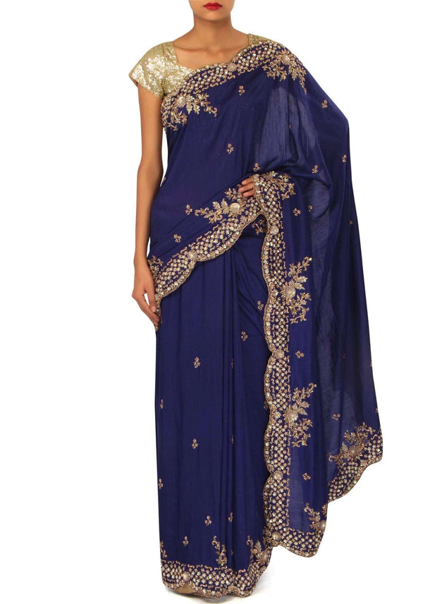 Navy blue saree adorn in sequin and kundan border only on Kalki