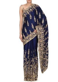 Navy blue saree embellisehd in zardosi embroidery only on Kalki