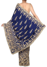 Navy blue saree embellisehd in zardosi embroidery only on Kalki