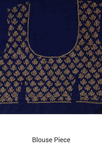 Navy blue saree embellisehd in zardosi embroidery only on Kalki