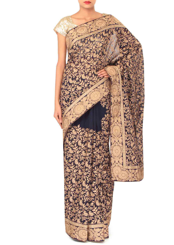 Navy blue saree embellished in zari embroidery only on Kalki