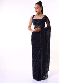 Navy Blue Saree In Chiffon Blend With Resham Embroidered Floral Buttis And Unstitched Blouse Online - Kalki Fashion