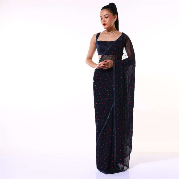 Navy Blue Saree In Chiffon Blend With Resham Embroidered Floral Buttis And Unstitched Blouse Online - Kalki Fashion