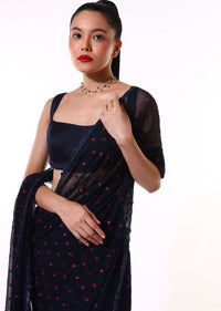 Navy Blue Saree In Chiffon Blend With Resham Embroidered Floral Buttis And Unstitched Blouse Online - Kalki Fashion