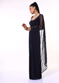 Navy Blue Saree In Chiffon Blend With Resham Embroidered Floral Buttis And Unstitched Blouse Online - Kalki Fashion