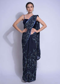 Navy Blue Saree In Chiffon With Resham Embroidered Floral Jaal And Kundan Work Online - Kalki Fashion