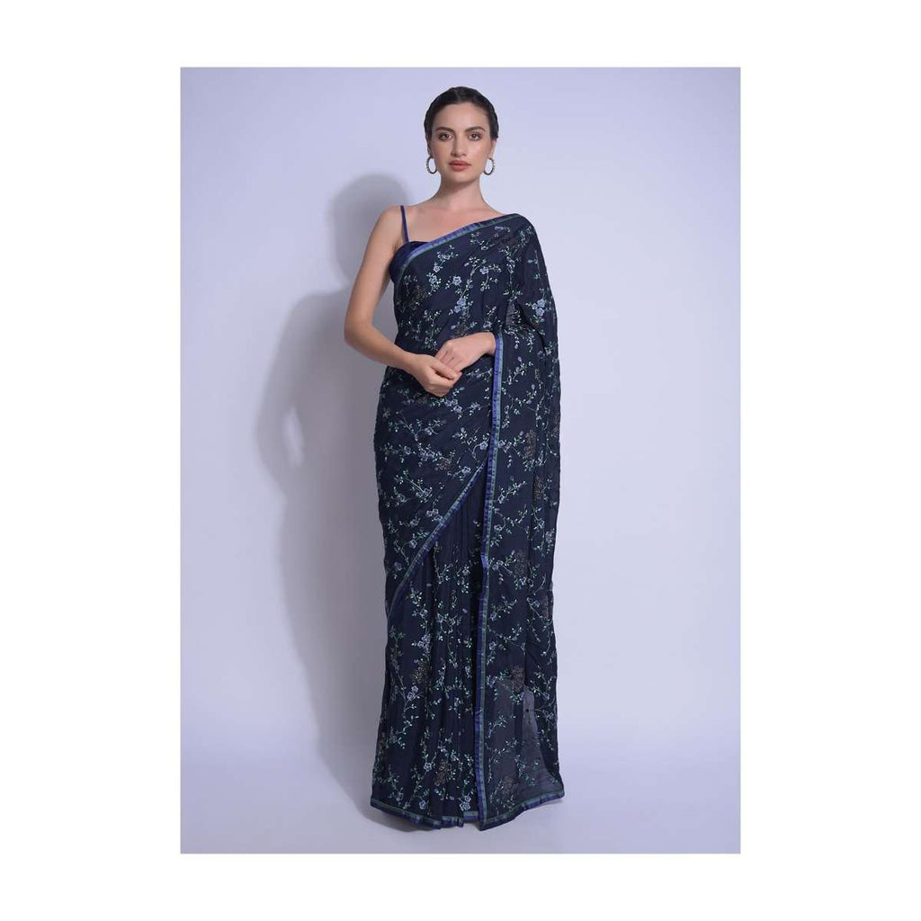 Navy Blue Saree In Chiffon With Resham Embroidered Floral Jaal And Kundan Work Online - Kalki Fashion