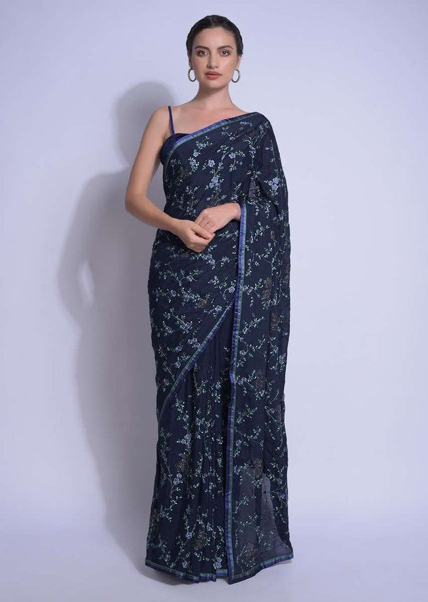 Navy Blue Saree In Chiffon With Resham Embroidered Floral Jaal And Kundan Work Online - Kalki Fashion