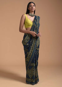 Navy Blue Saree In Cotton With Yellow Block Print And Applique Work On The Pallu