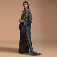 Navy Blue Saree In Cotton With Yellow Block Print And Applique Work On The Pallu