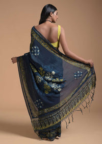 Navy Blue Saree In Cotton With Yellow Block Print And Applique Work On The Pallu